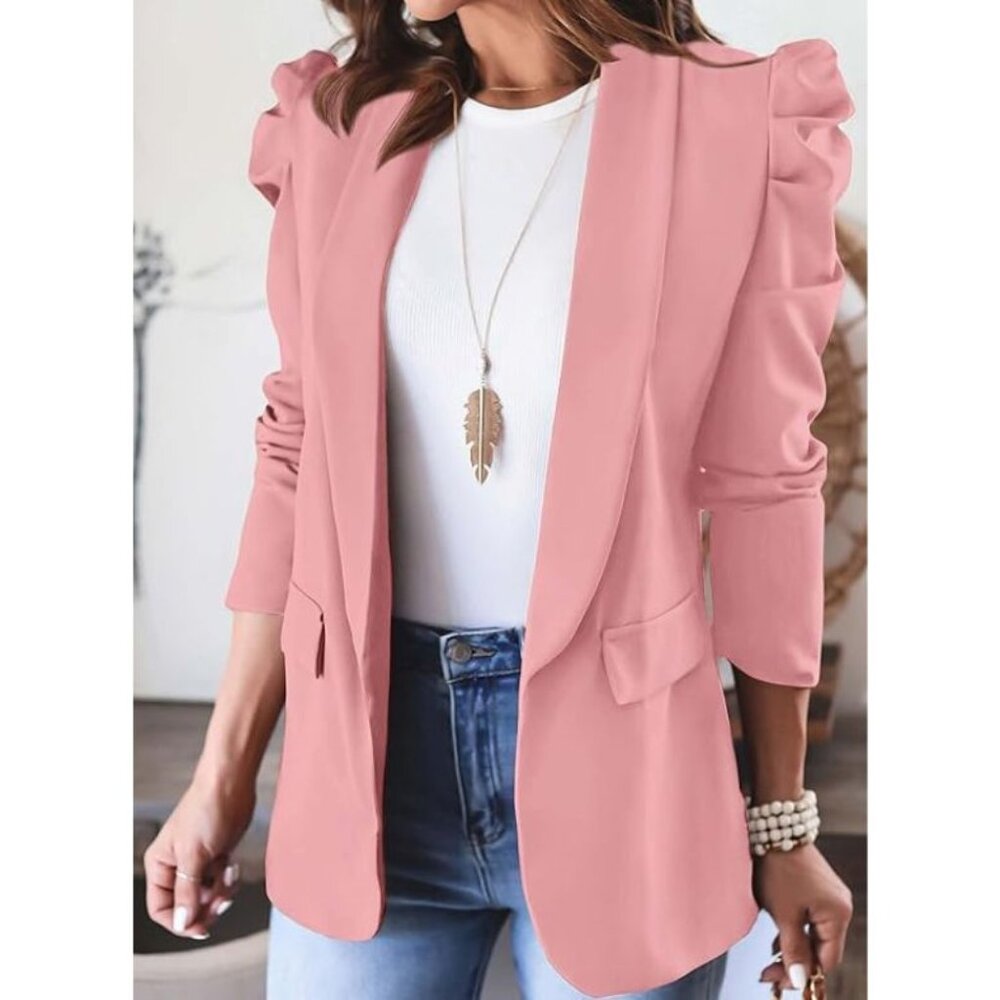Puff Sleeve Open Lapel Pink Blazer